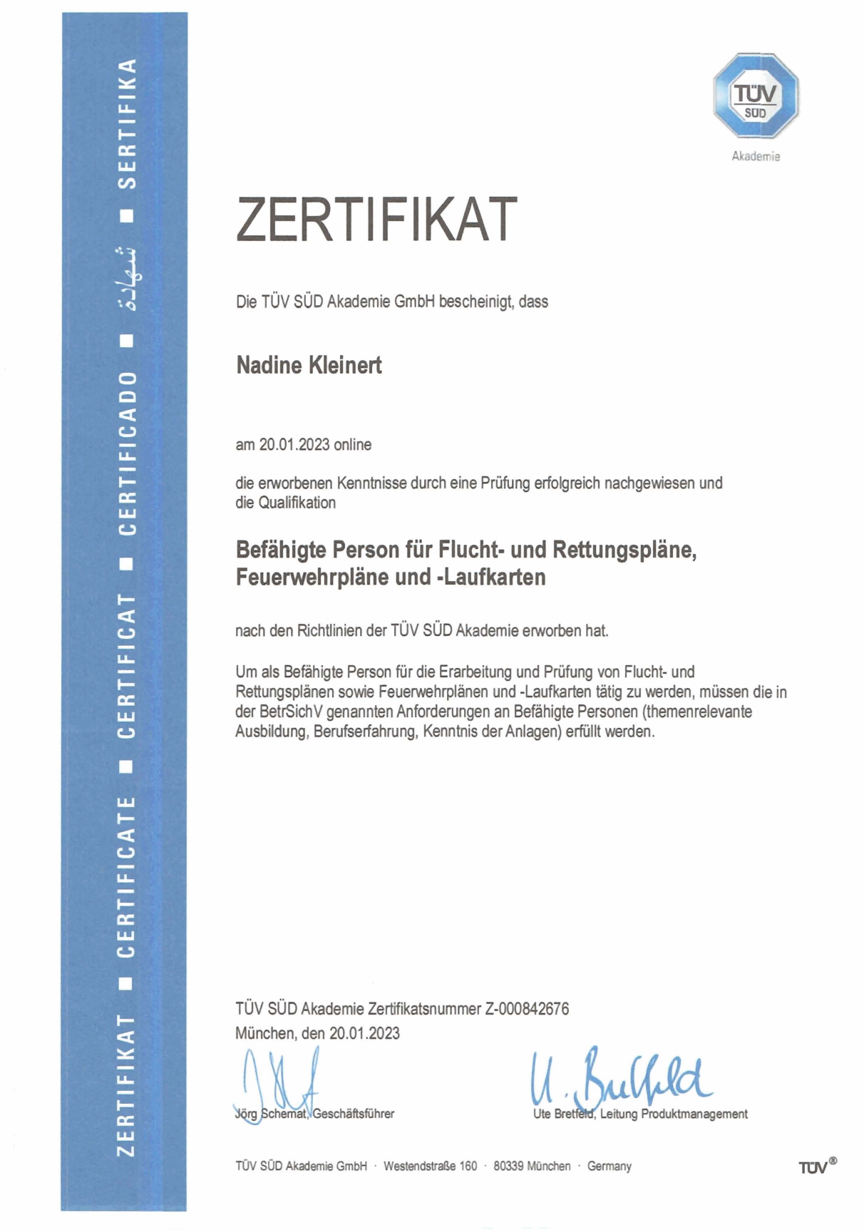 TÜV SÜD Akademie Zertifikat Nadine Kleinert
